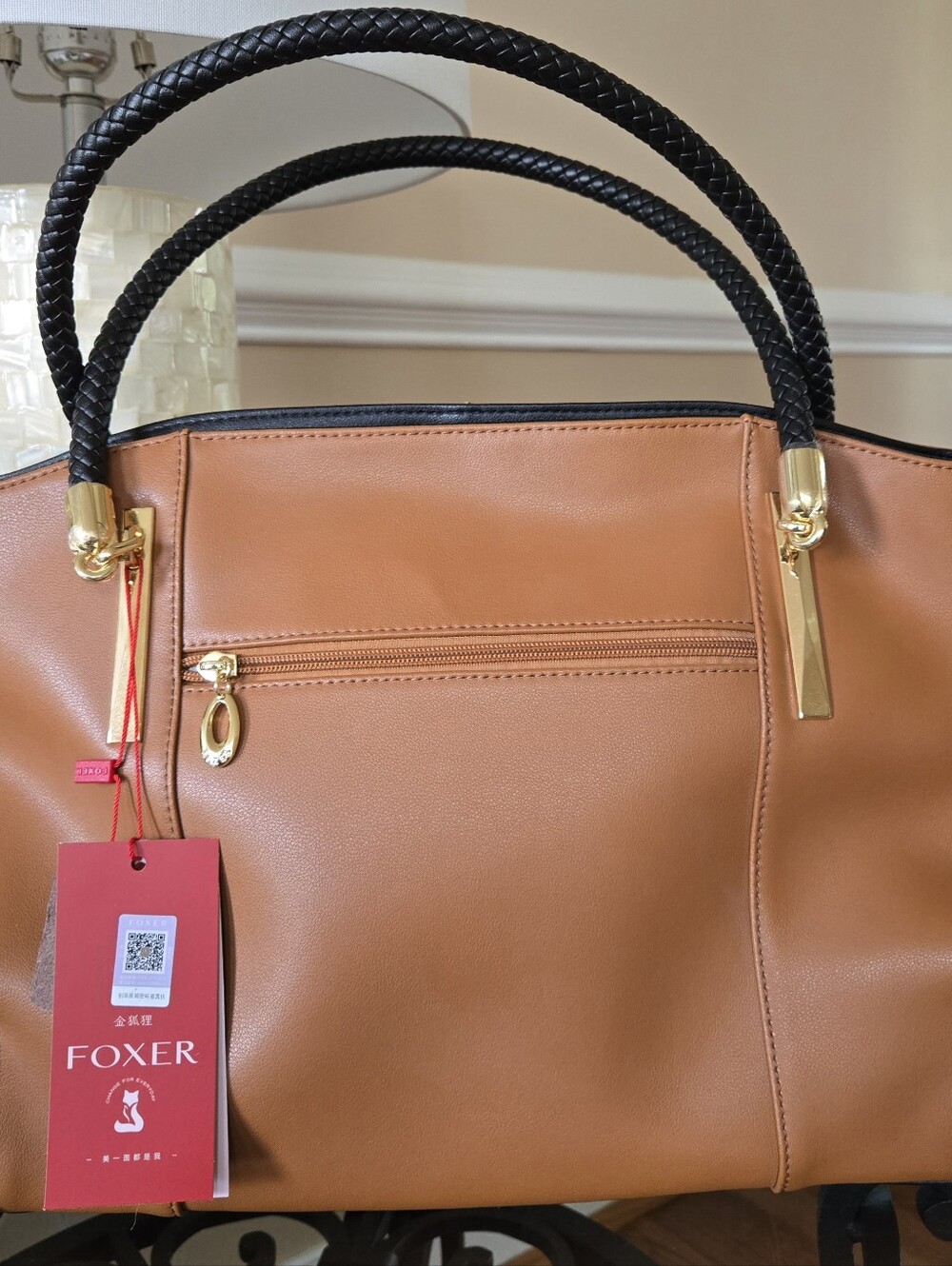 FOXER Large Split Leather Shoulder Tote Bag NWT Tan Black Braided Handles